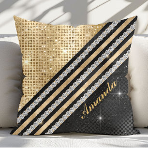 Stylish faux Crystal Gold And black Personalised Throw Pillow