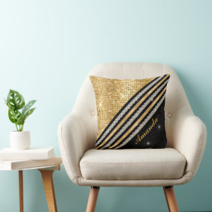 Stylish faux Crystal Gold And black Personalised Throw Pillow