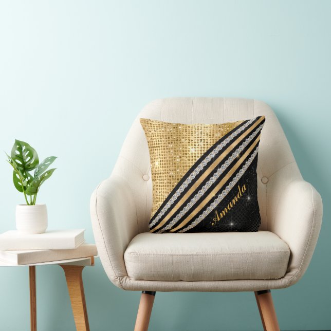 Stylish faux Crystal Gold And black Personalised Throw Pillow (Chair)