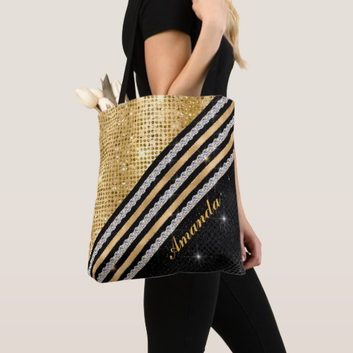 Stylish faux Crystal Gold And black Personalised Tote Bag
