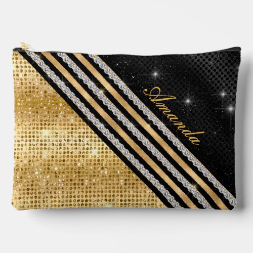 Stylish faux Crystal Gold And black Personalized Accessory Pouch