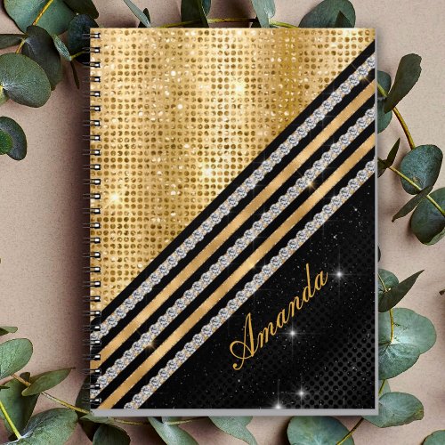 Stylish faux Crystal Gold And black Personalized Notebook