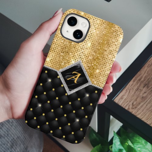 Stylish faux Crystal Gold black diamond monogram Case_Mate iPhone 14 Case