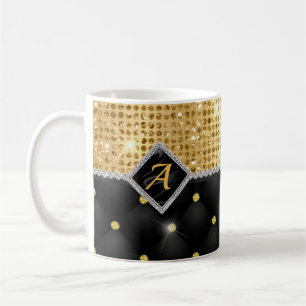 Stylish faux Crystal Gold black diamond monogram Coffee Mug