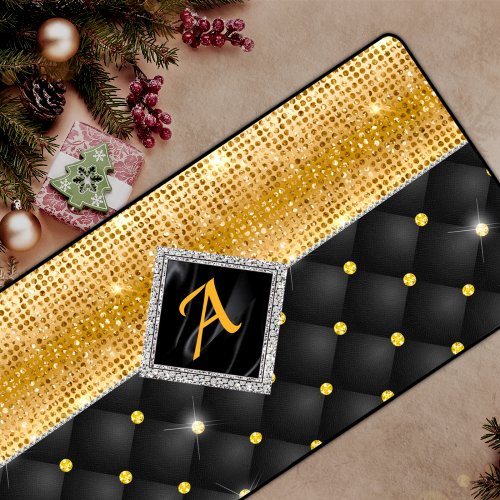 Stylish faux Crystal Gold black diamond monogram Desk Mat