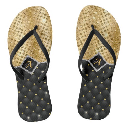 Stylish faux Crystal Gold black diamond monogram Flip Flops