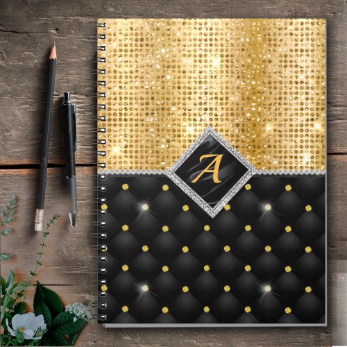 Stylish faux Crystal Gold black diamond monogram Notebook