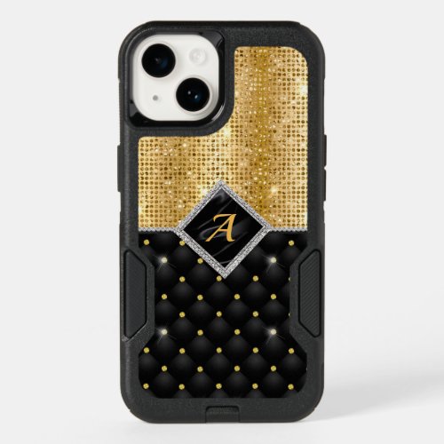 Stylish faux Crystal Gold black diamond monogram OtterBox iPhone 14 Case