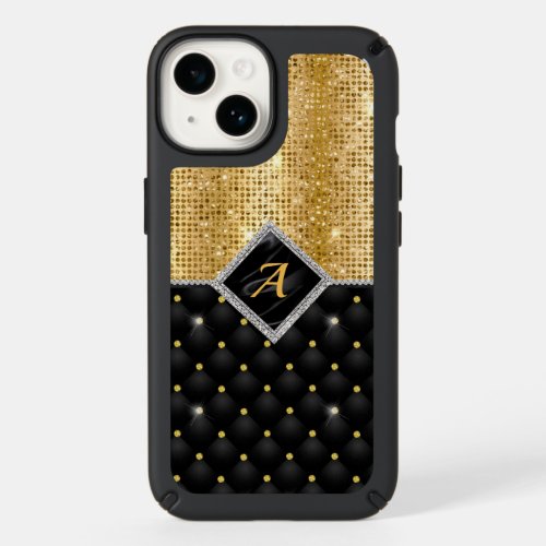 Stylish faux Crystal Gold black diamond monogram Speck iPhone 14 Case