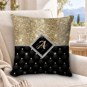 Stylish faux Crystal Gold black diamond monogram Throw Pillow