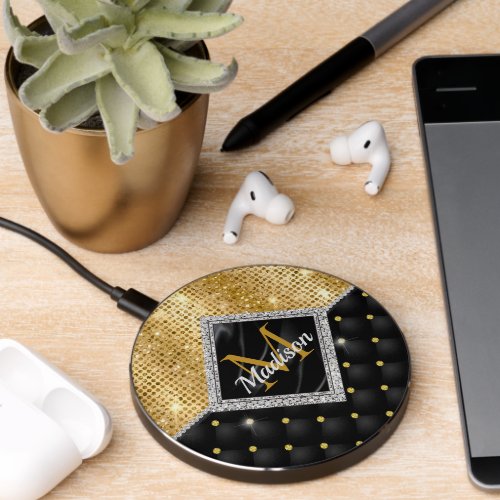 Stylish faux Crystal Gold black diamond monogram W Wireless Charger