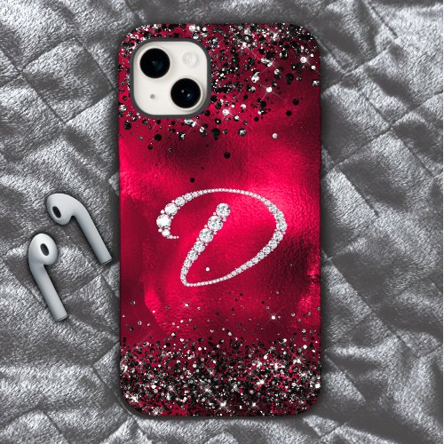 Stylish faux Crystal rhinestone letter D red black iPhone 15 Case