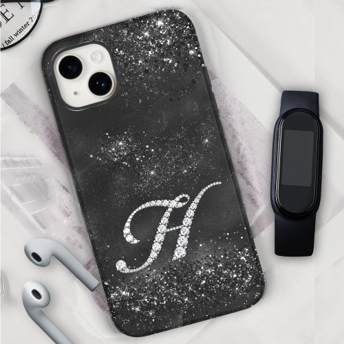 Stylish faux Crystal rhinestone letter H black iPhone 15 Case
