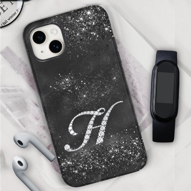Stylish faux Crystal rhinestone letter H black Case-Mate iPhone Case (Creator Uploaded)