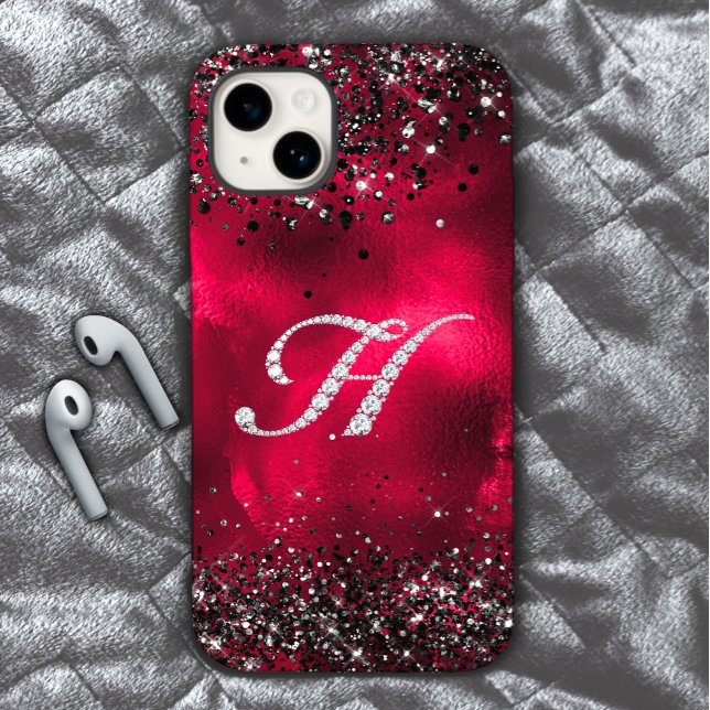 Stylish faux Crystal rhinestone letter H red black Case-Mate iPhone Case (Creator Uploaded)