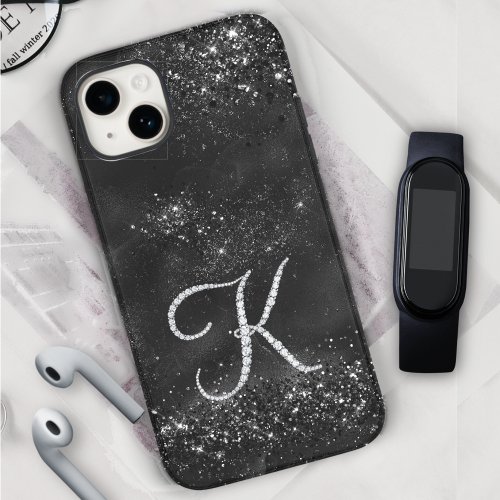 Stylish faux Crystal rhinestone letter K black iPhone 15 Case