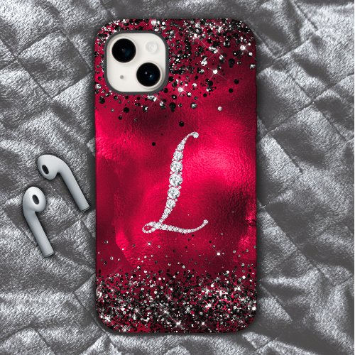 Stylish faux Crystal rhinestone letter L red black iPhone 15 Case