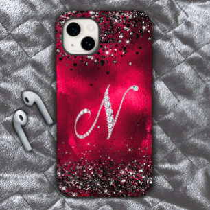 Stylish faux Crystal rhinestone letter N red black iPhone 15 Case