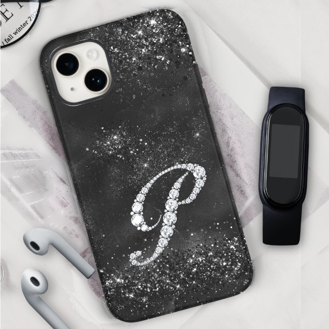 Stylish faux Crystal rhinestone letter P black Case-Mate iPhone Case (Creator Uploaded)