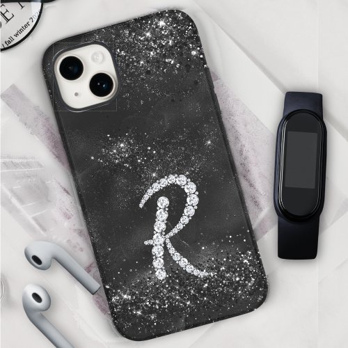 Stylish faux Crystal rhinestone letter R black iPhone 15 Case