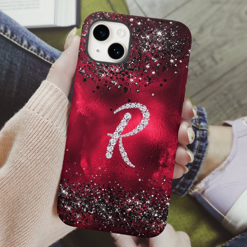 Stylish faux Crystal rhinestone letter R red black iPhone 15 Case
