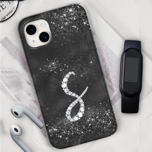 Stylish faux Crystal rhinestone letter S black iPhone 15 Case