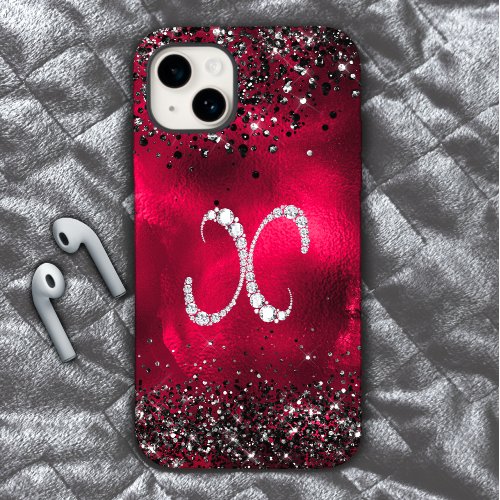 Stylish faux Crystal rhinestone letter X red black iPhone 15 Case