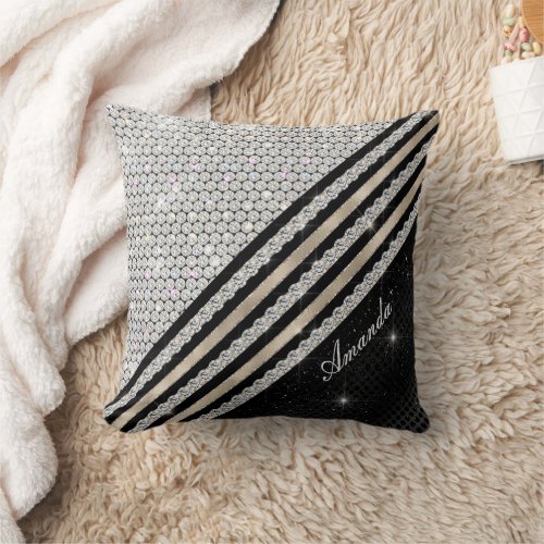 Stylish faux Crystal silver and black Personalised Throw Pillow