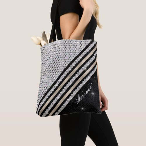Stylish faux Crystal silver and black Personalised Tote Bag
