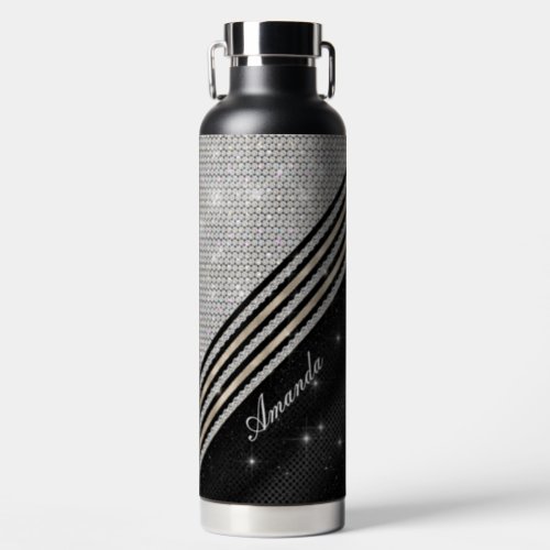 Stylish faux Crystal silver and black Personalised Water Bottle