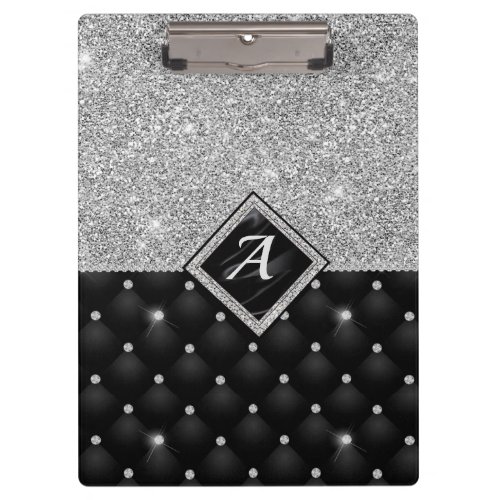 Stylish faux Crystal Silver black diamond monogram Clipboard