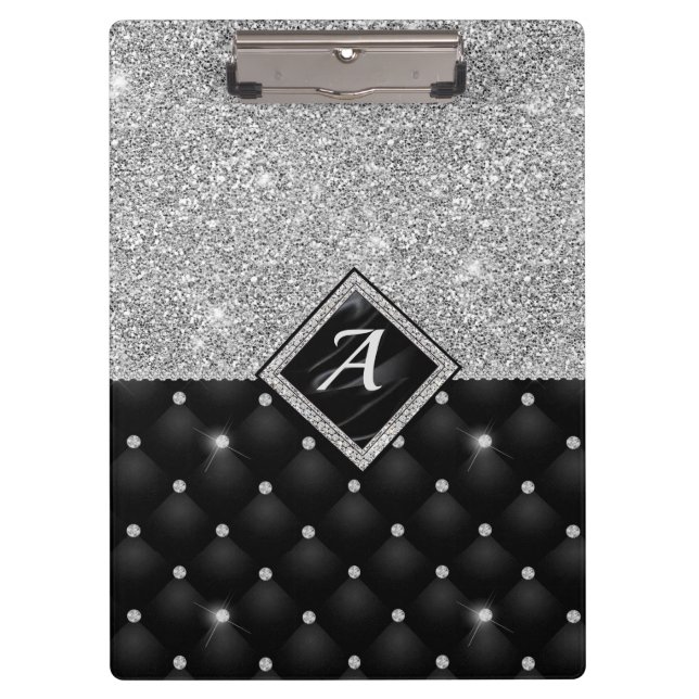 Stylish faux Crystal Silver black diamond monogram Clipboard (Front)