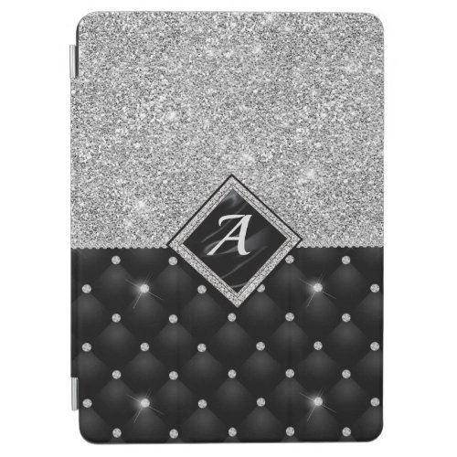 Stylish faux Crystal Silver black diamond monogram iPad Air Cover