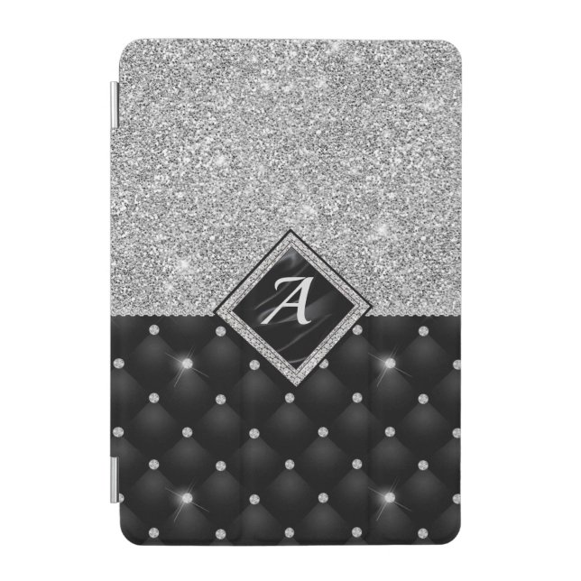Stylish faux Crystal Silver black diamond monogram iPad Mini Cover (Front)