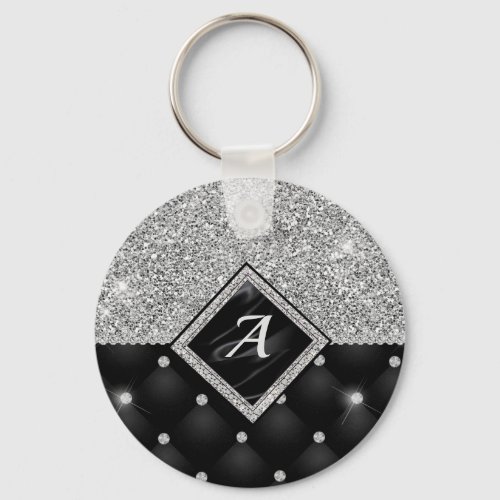Stylish faux Crystal Silver black diamond monogram Keychain