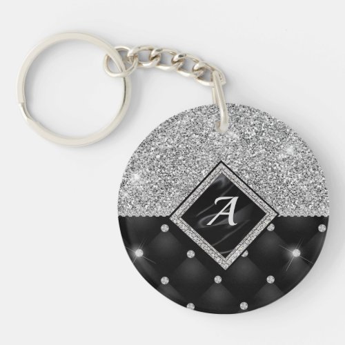 Stylish faux Crystal Silver black diamond monogram Keychain