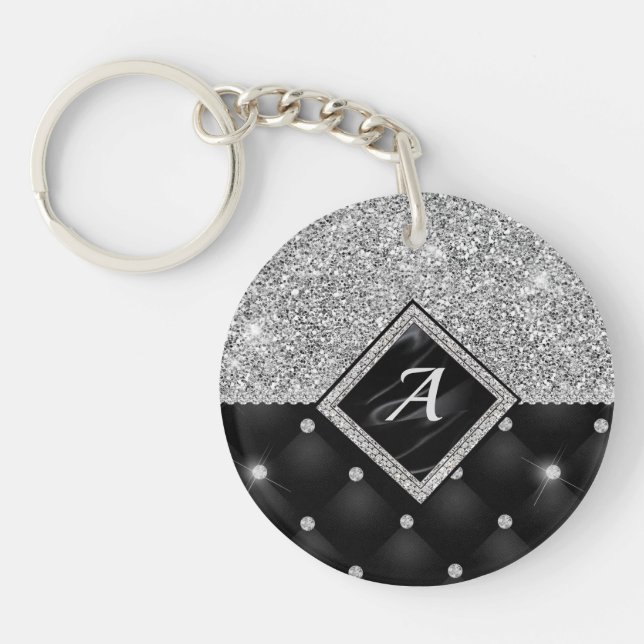 Stylish faux Crystal Silver black diamond monogram Keychain (Front)