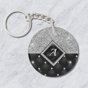 Stylish faux Crystal Silver black diamond monogram Keychain