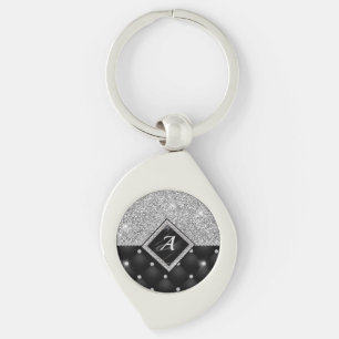 Stylish faux Crystal Silver black diamond monogram Keychain