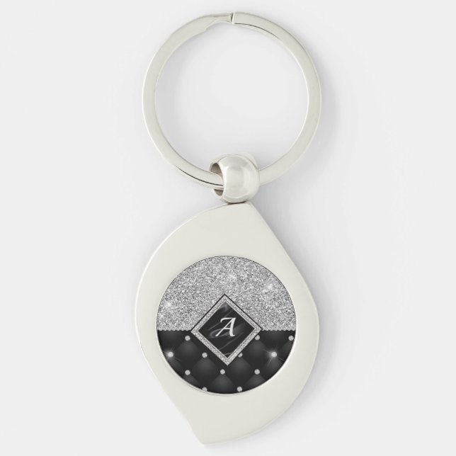 Stylish faux Crystal Silver black diamond monogram Keychain (Front)