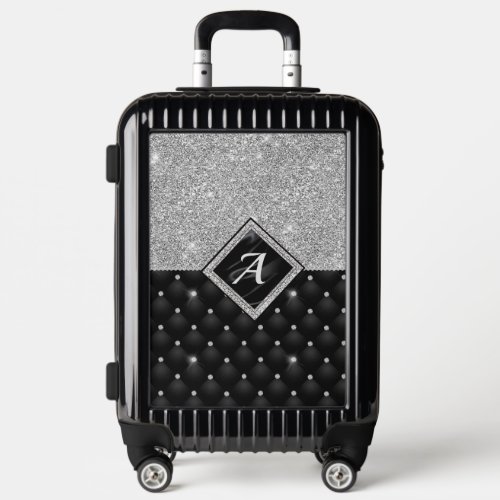Stylish faux Crystal Silver black diamond monogram Luggage