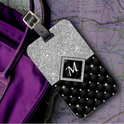 Stylish faux Crystal Silver black diamond monogram Luggage Tag