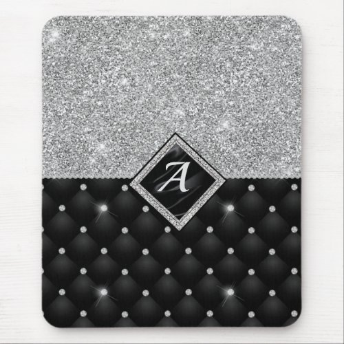 Stylish faux Crystal Silver black diamond monogram Mouse Pad