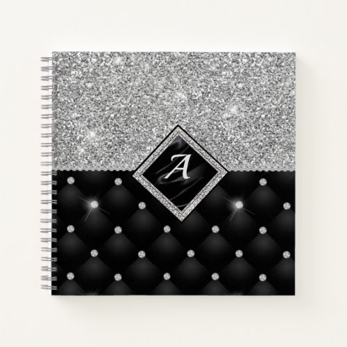 Stylish faux Crystal Silver black diamond monogram Notebook