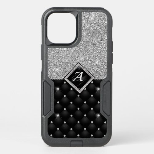 Stylish faux Crystal Silver black diamond monogram OtterBox Commuter iPhone 12 Pro Case