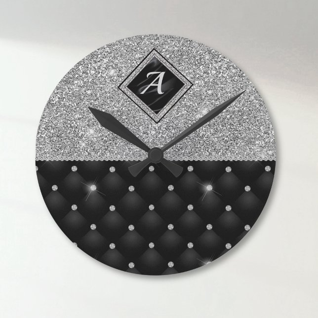 Stylish faux Crystal Silver black diamond monogram Round Clock (Creator Uploaded)