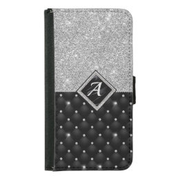 Stylish faux Crystal Silver black diamond monogram Samsung Galaxy S5 Wallet Case