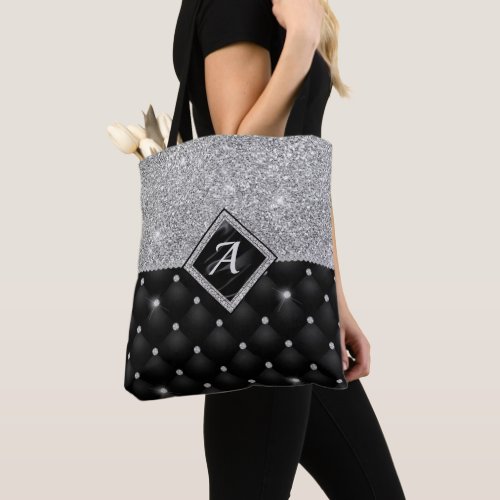 Stylish faux Crystal Silver black diamond monogram Tote Bag