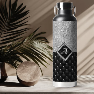 Stylish faux Crystal Silver black diamond monogram Water Bottle