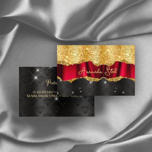 Stylish faux Glitter Red Gold black monogram  Busi Business Card
